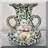 P18. Three-handled moriage vase handpainted with flowers. 12” - $95 
